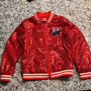 Disney Minnie Mouse Red Sequin Bomber Jacket Girls Size 5/6 Cute Sparkly Coat
